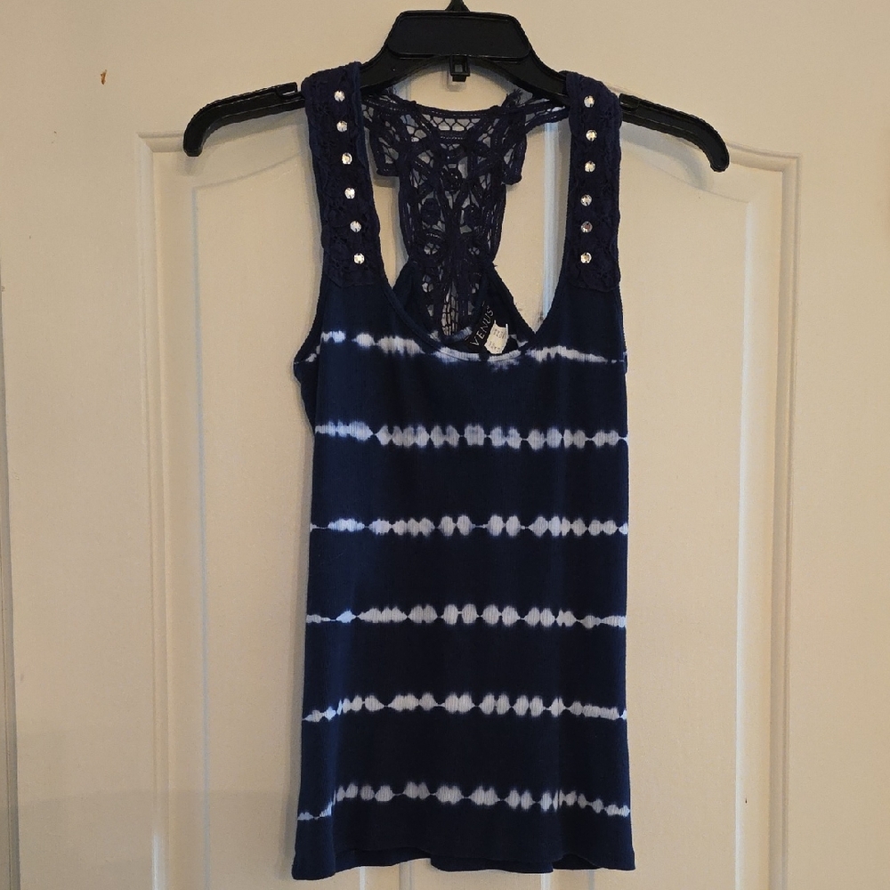 VENUS Blue and White Embellished Crochet Tank Top